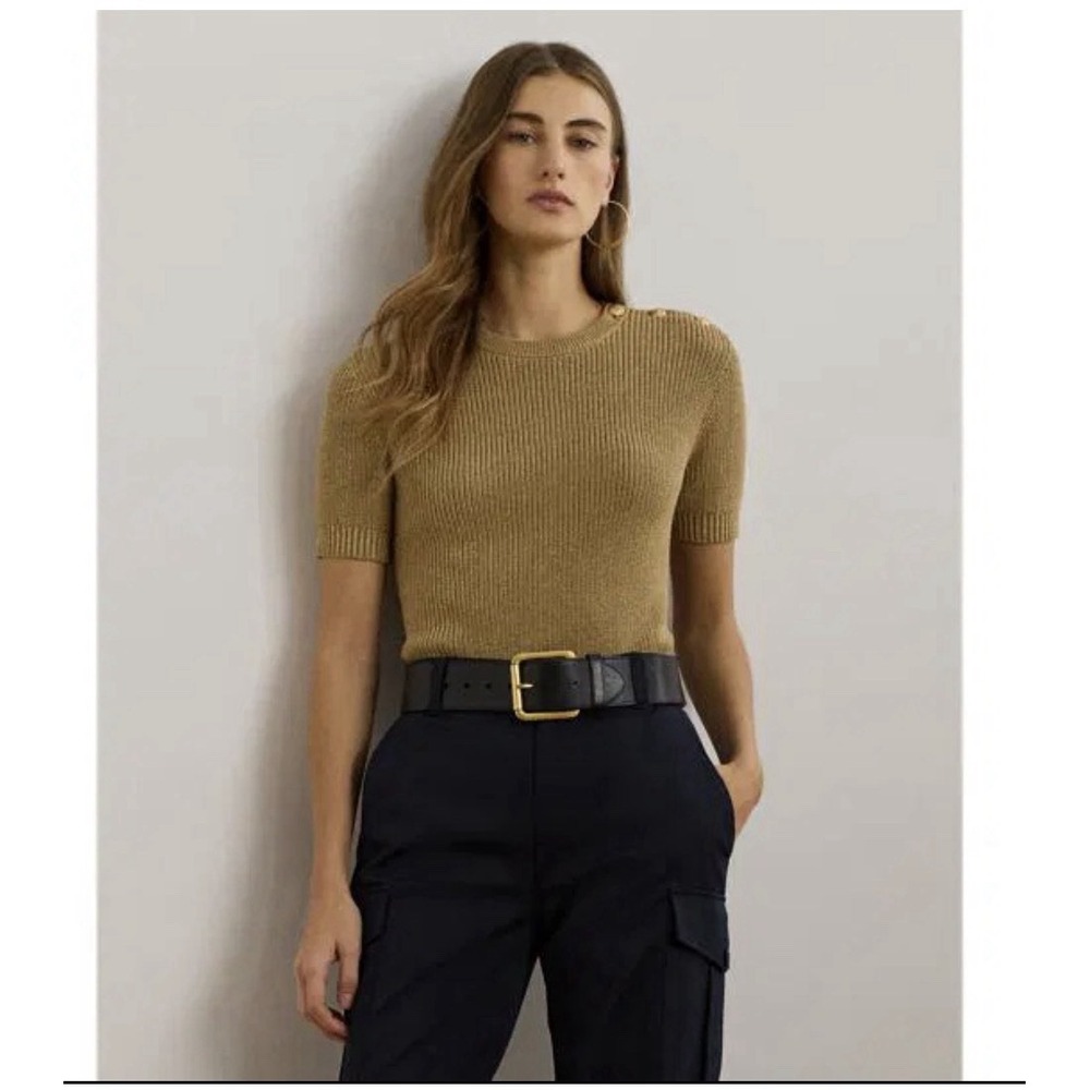 Lauren Ralph Lauren Metallic M Ribbed Short Sleeve Sweater Gold Gilded Buttons